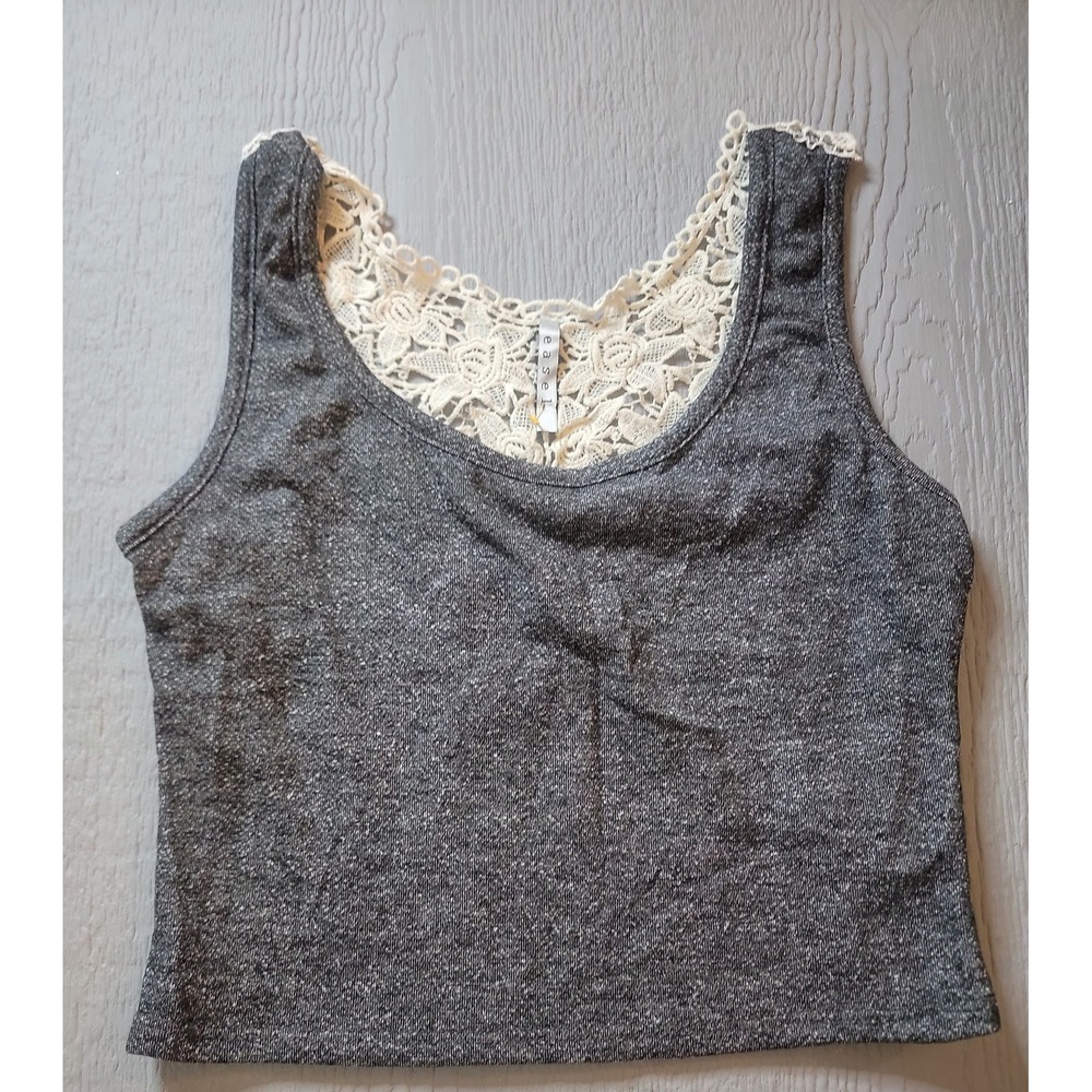 ♡Easel Womens Gray Shimmer‎ Knit Tank Top Floral Lace Back Boho Crop Small